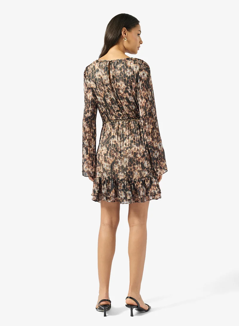 GUESS Floral Print Crew Neck Long Sleeve Mini Dress